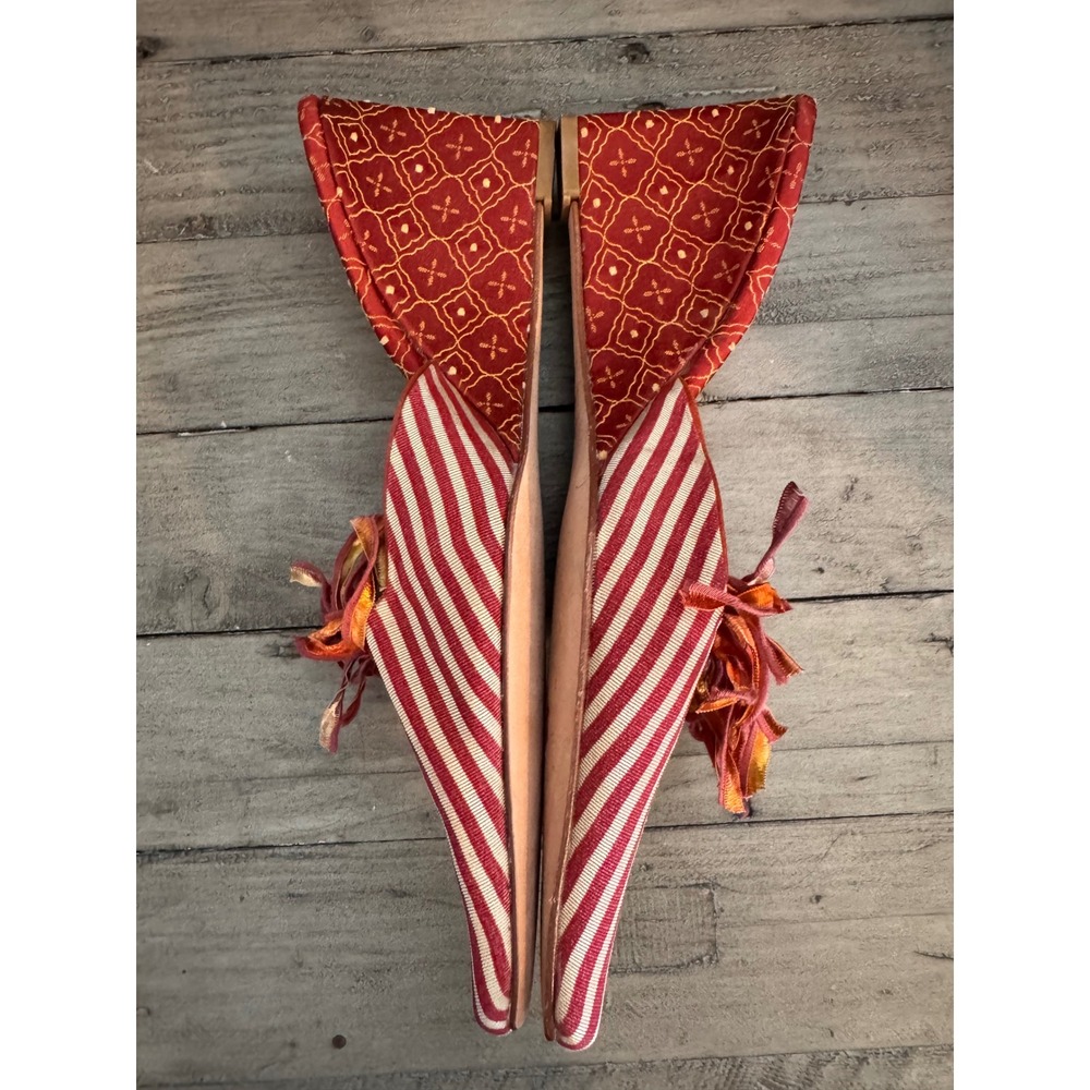 Olivia Rose Tal New York Striped Ribbon Pom Pom Wedge Mules Red White Womens 8 - Picture 2 of 4